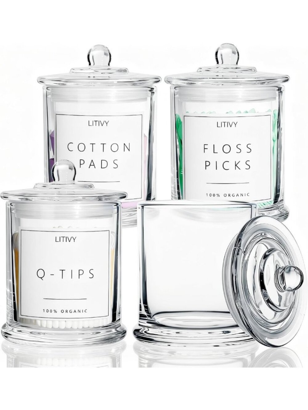 4 Pack Clear Glass Bathroom Organizers - Qtip Holder & Cotton Pad Dispenser